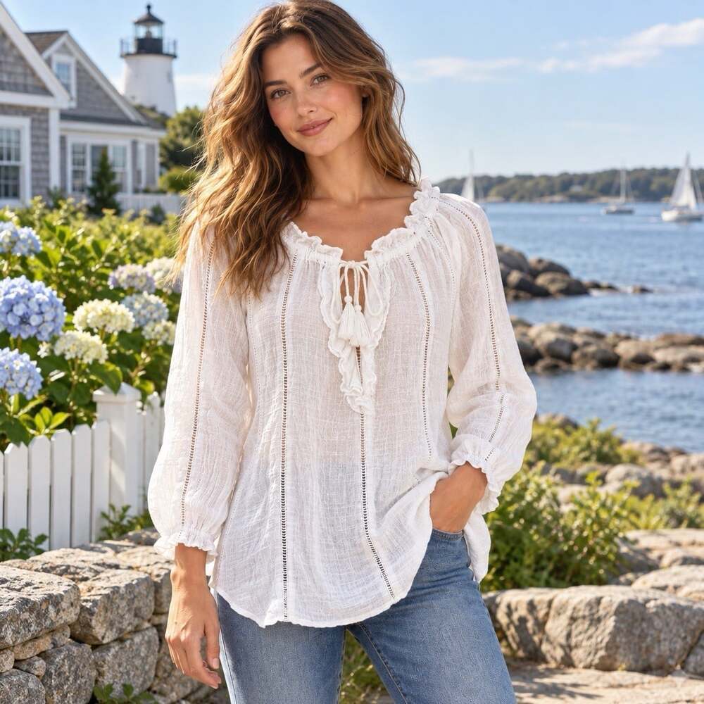 Sundance Artists Ladder Tunic M White Cotton Blend Gauze Boho Peasant Ruffle Top